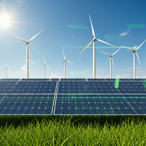 Solar panels and wind turbines under glowing skies - Grid Resilience Suite.