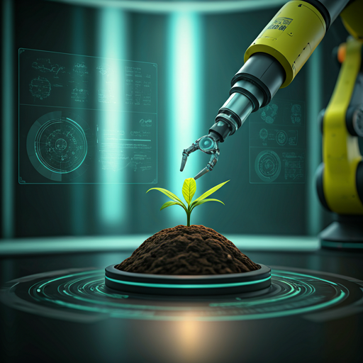 A robotic arm tending to a vibrant green seedling in a clean lab - The Quantum Leaf, nanotech in regenerative farming.